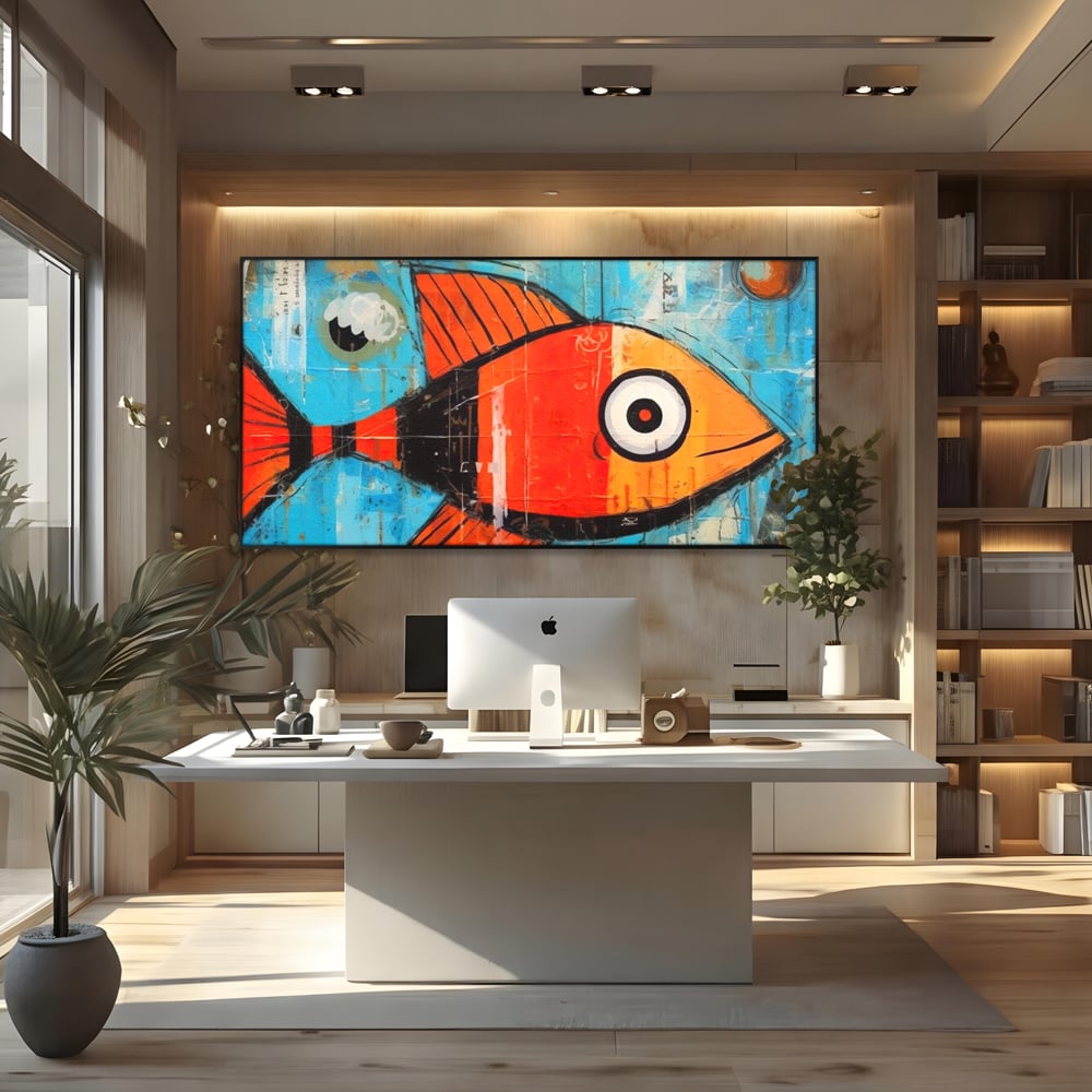 Tablou canvas cu tablou canvas cu peste stilizat in stil pop art, in rama de aluminiu negru, pe perete intr-un birou